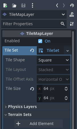 Creating a terrain set in the TileSet resource inspector (within the TileMapLayer node)