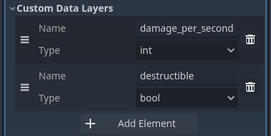 Example of configured custom data layers with game-specific properties